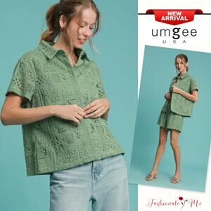 Umgee Lace Patches Detail Short Sleeves Button Down Relaxed Fit Shirt | Sage